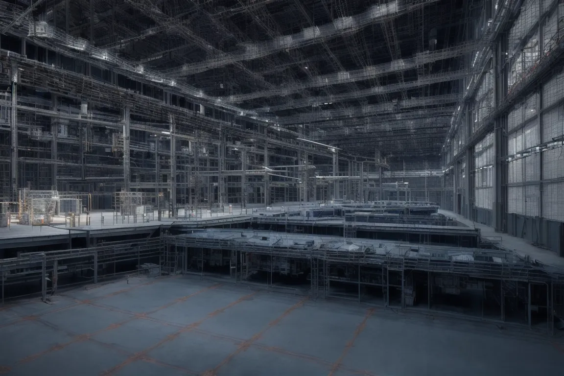 3D wireframe model of a factory interior above a tablet