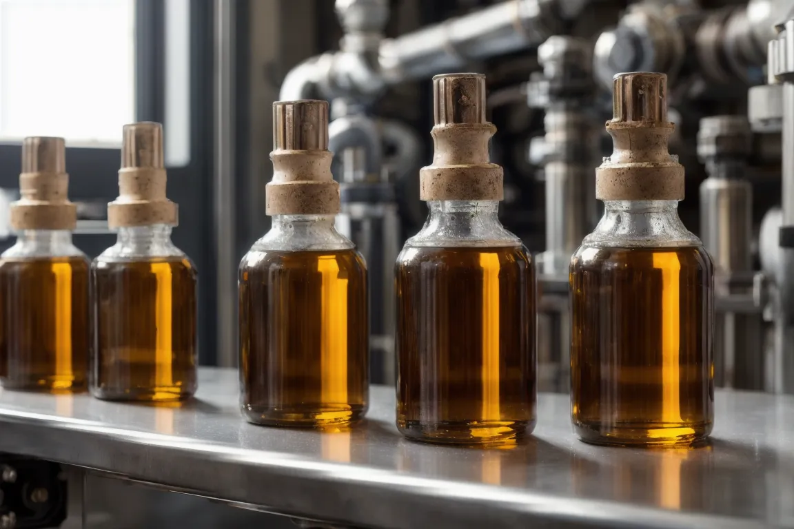 Machine oil sample bottles on a laboratory bench
